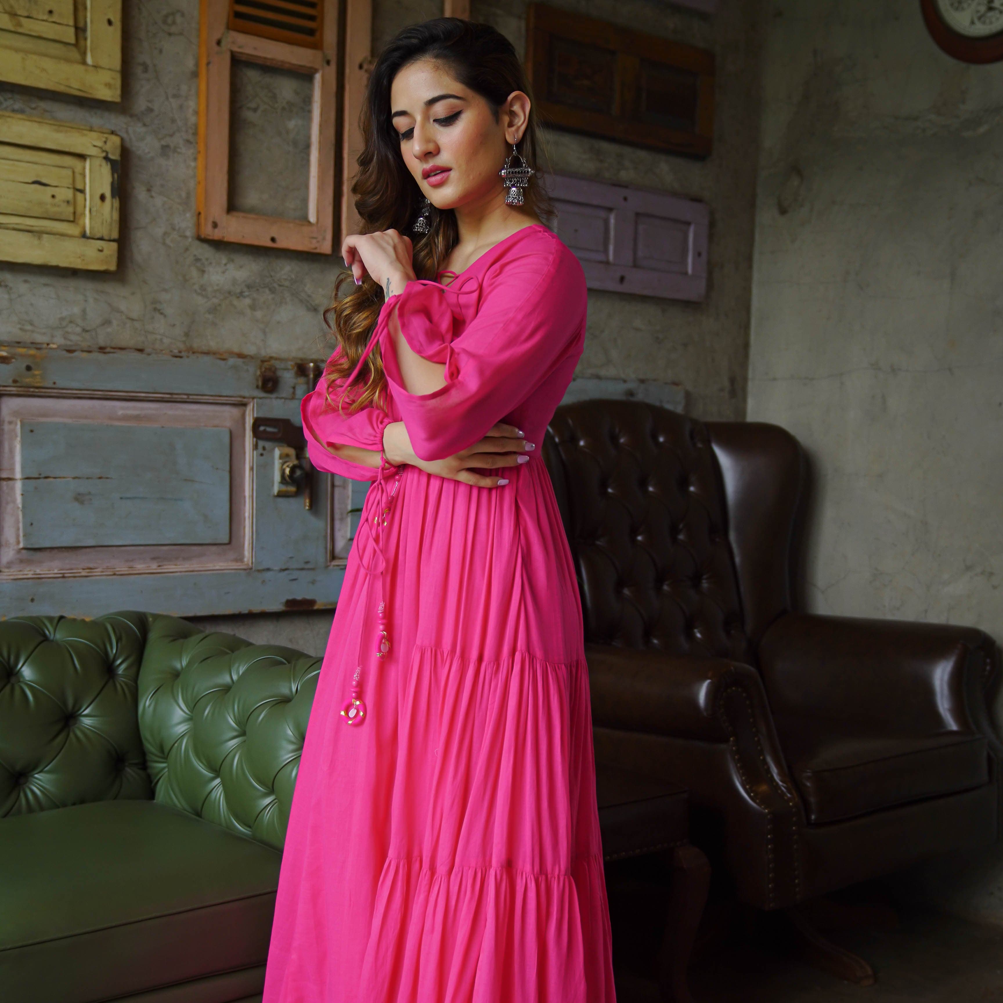 Hot Pink Cotton Maxi Anarkali Dress For Women Online